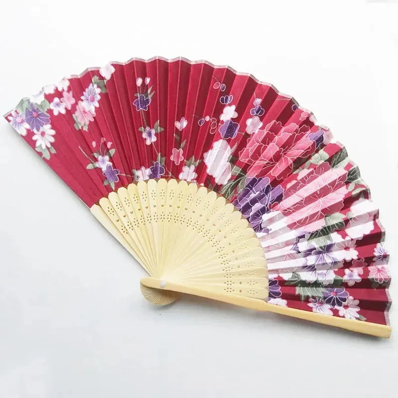 Elegant Foldable Cloth Hand Fans with Bamboo Ribs and Floral Print - Ideal for Weddings, Parties, and Dance Performances