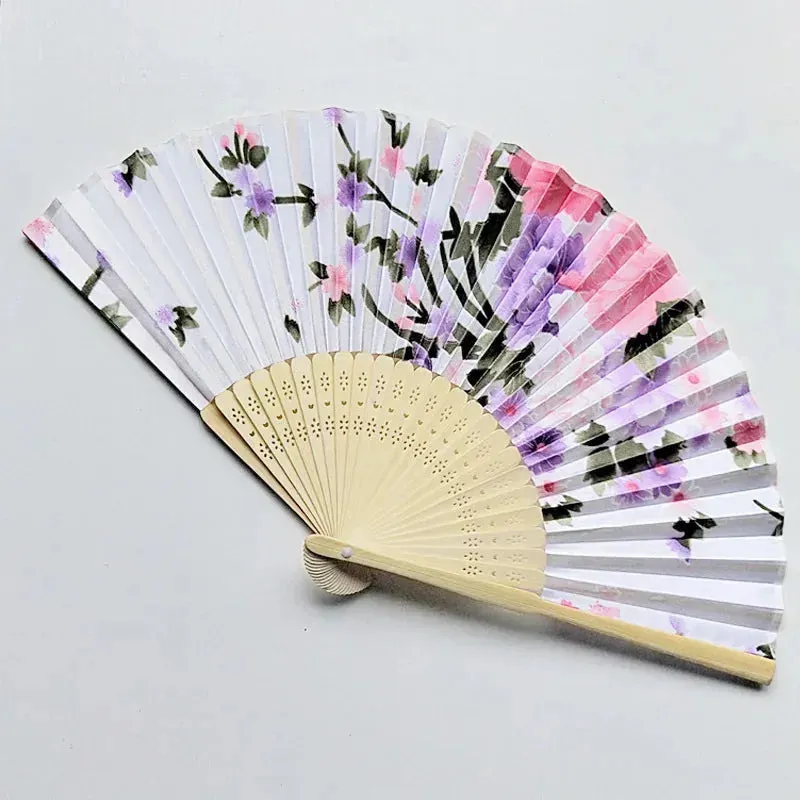 Elegant Foldable Cloth Hand Fans with Bamboo Ribs and Floral Print - Ideal for Weddings, Parties, and Dance Performances