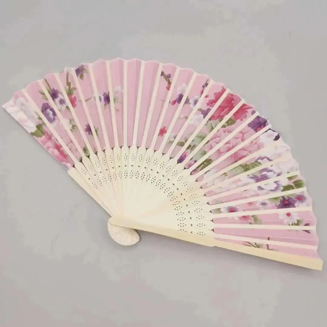 Elegant Foldable Cloth Hand Fans with Bamboo Ribs and Floral Print - Ideal for Weddings, Parties, and Dance Performances