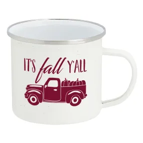 Fall Truck Enamel Camping Coffee Mug"It's Fall Ya'll" Tin Cup 15 Ounce (White Speckled with Burgundy Print)