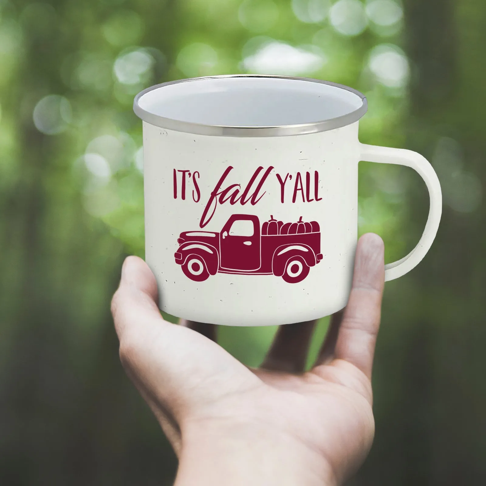 Fall Truck Enamel Camping Coffee Mug"It's Fall Ya'll" Tin Cup 15 Ounce (White Speckled with Burgundy Print)