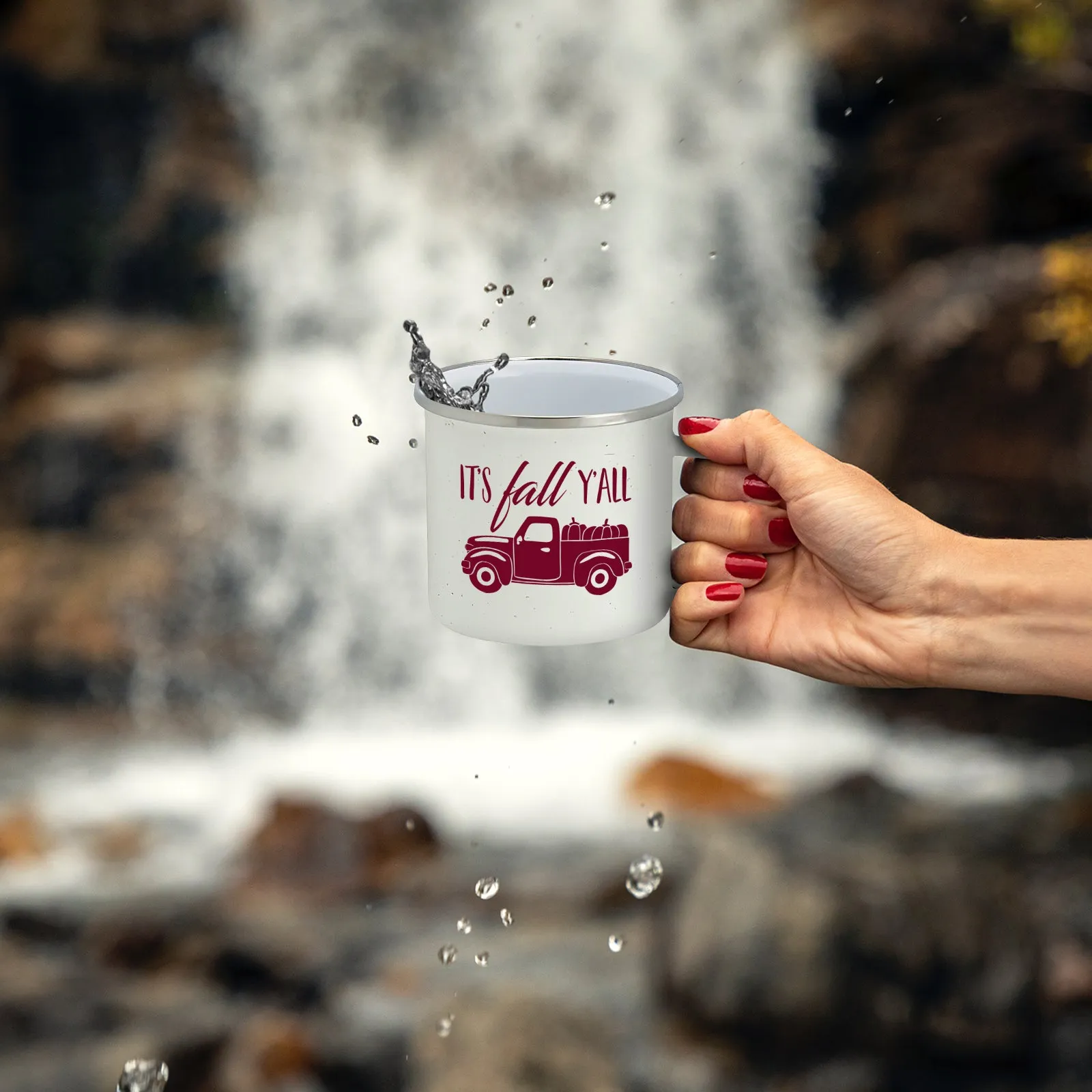 Fall Truck Enamel Camping Coffee Mug"It's Fall Ya'll" Tin Cup 15 Ounce (White Speckled with Burgundy Print)