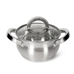 Fissman Stockpot with Glass Lid 1300mL with Measuring Mark, Stainless Steel 18/10 Inox30 Stockpot Felina Series