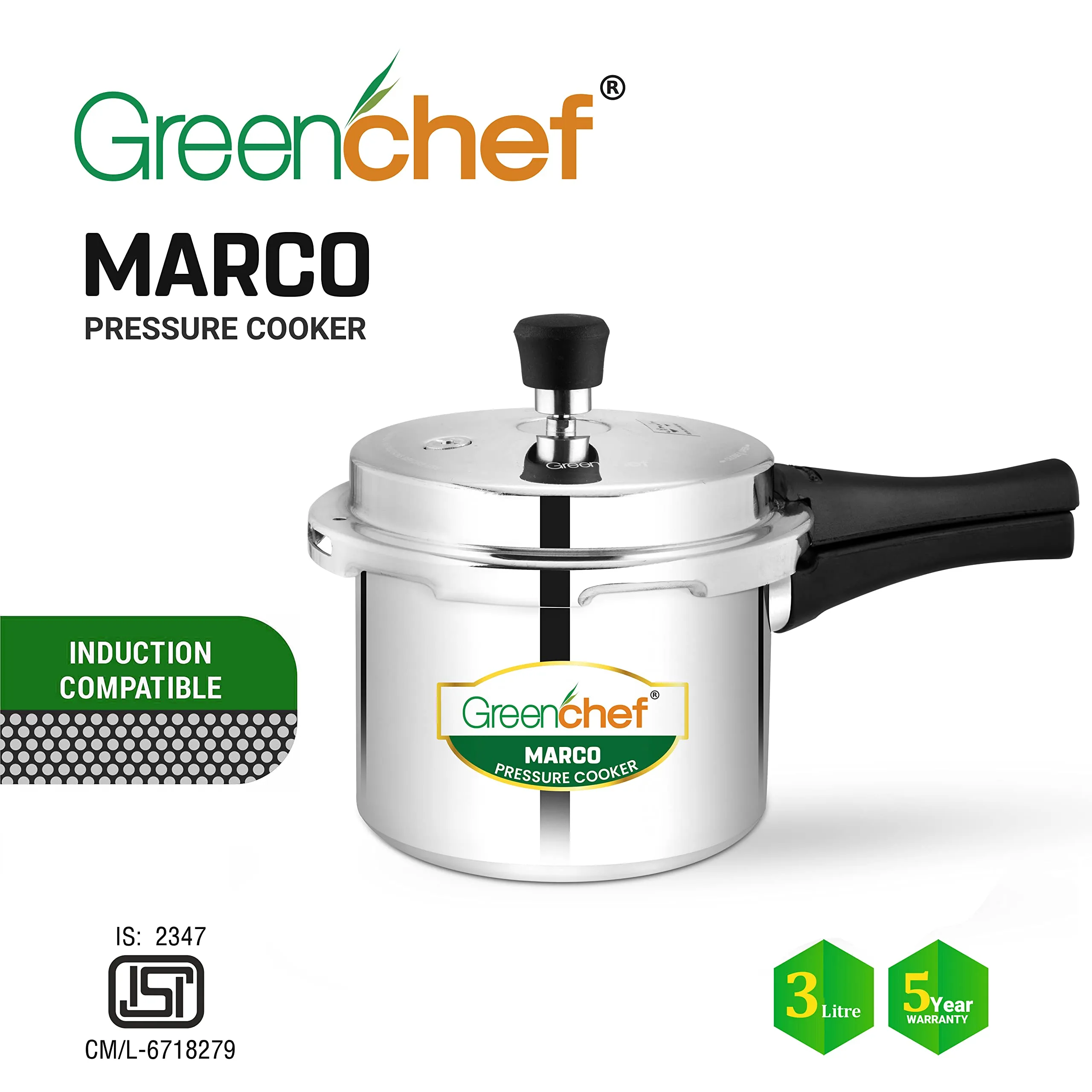 GREENCHEF Marco Aluminium Induction Base Pressure Cooker Outer Lid 3 Litres capacity, ISI Certified, Silver Colour