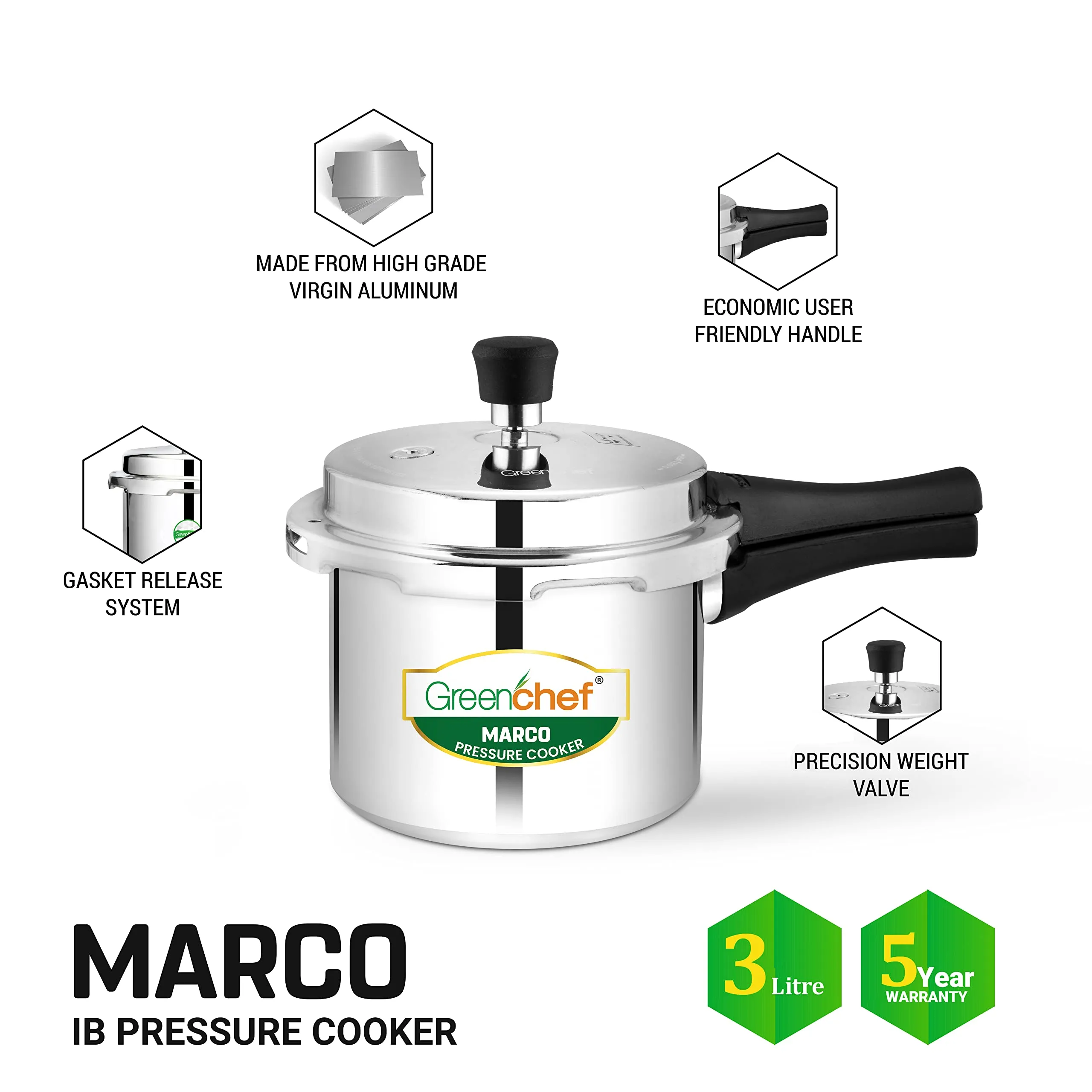 GREENCHEF Marco Aluminium Induction Base Pressure Cooker Outer Lid 3 Litres capacity, ISI Certified, Silver Colour