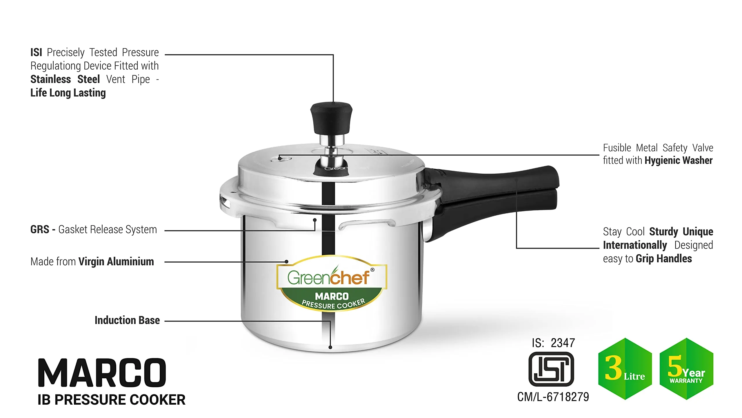 GREENCHEF Marco Aluminium Induction Base Pressure Cooker Outer Lid 3 Litres capacity, ISI Certified, Silver Colour