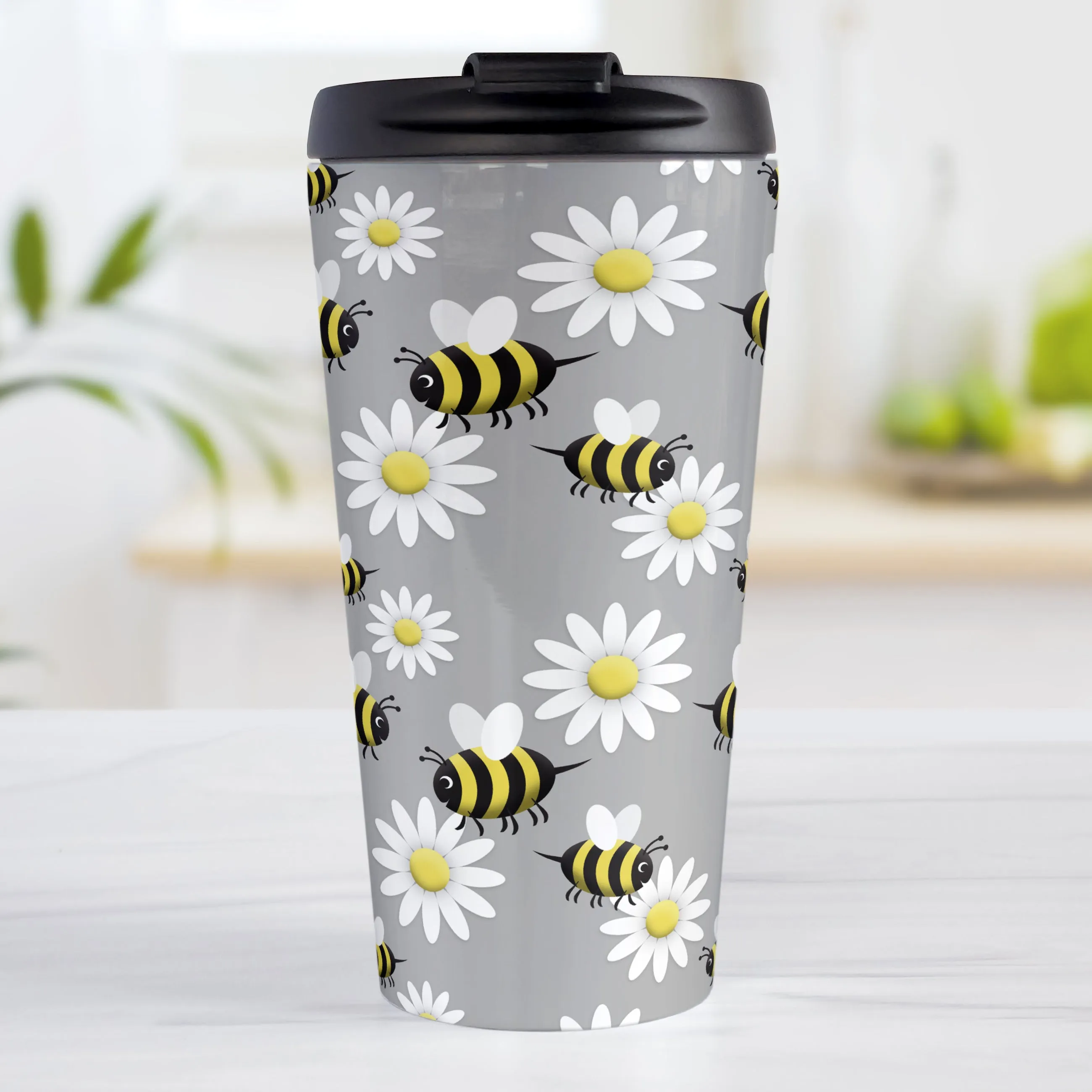 Happy Bee and Daisy Pattern Travel Mug