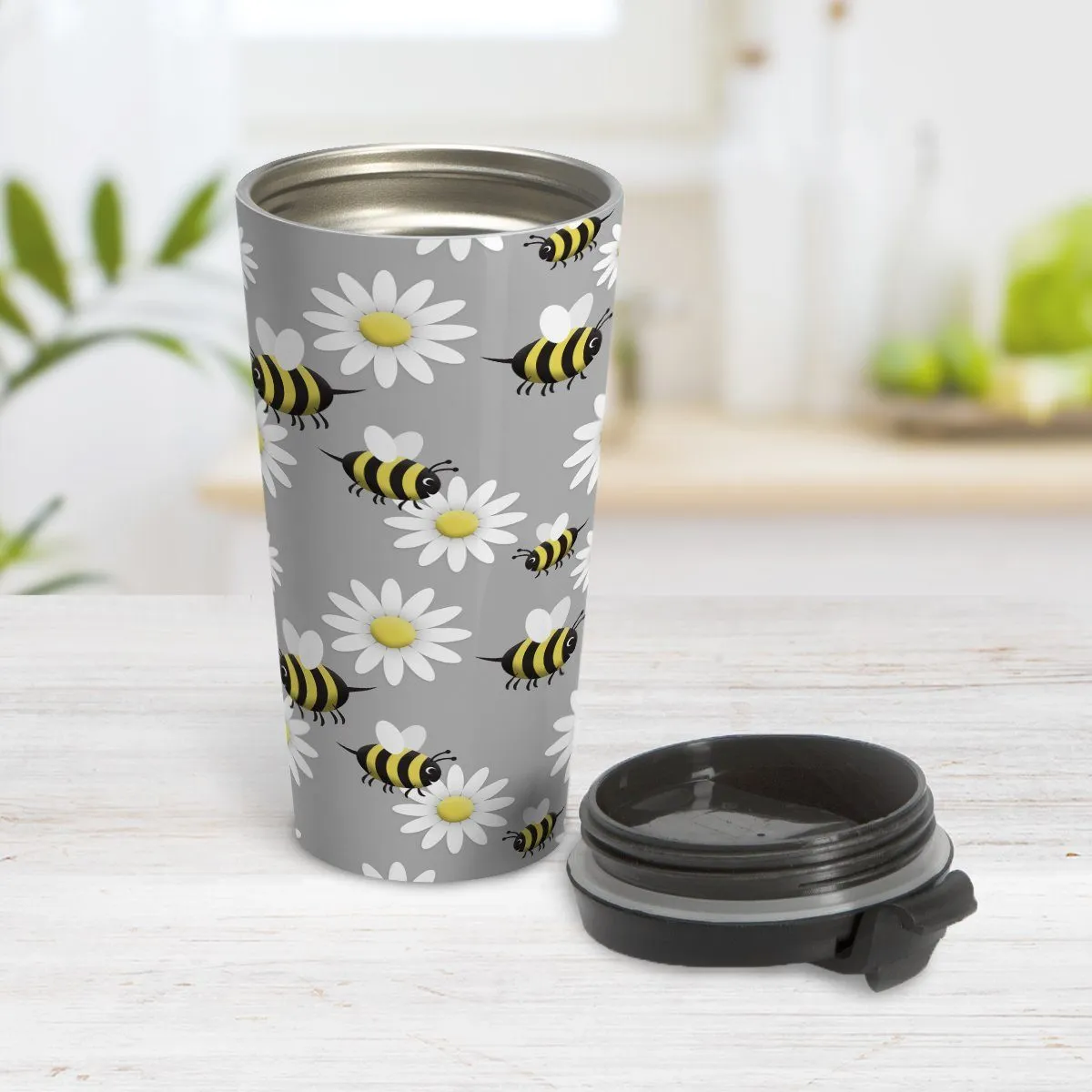 Happy Bee and Daisy Pattern Travel Mug