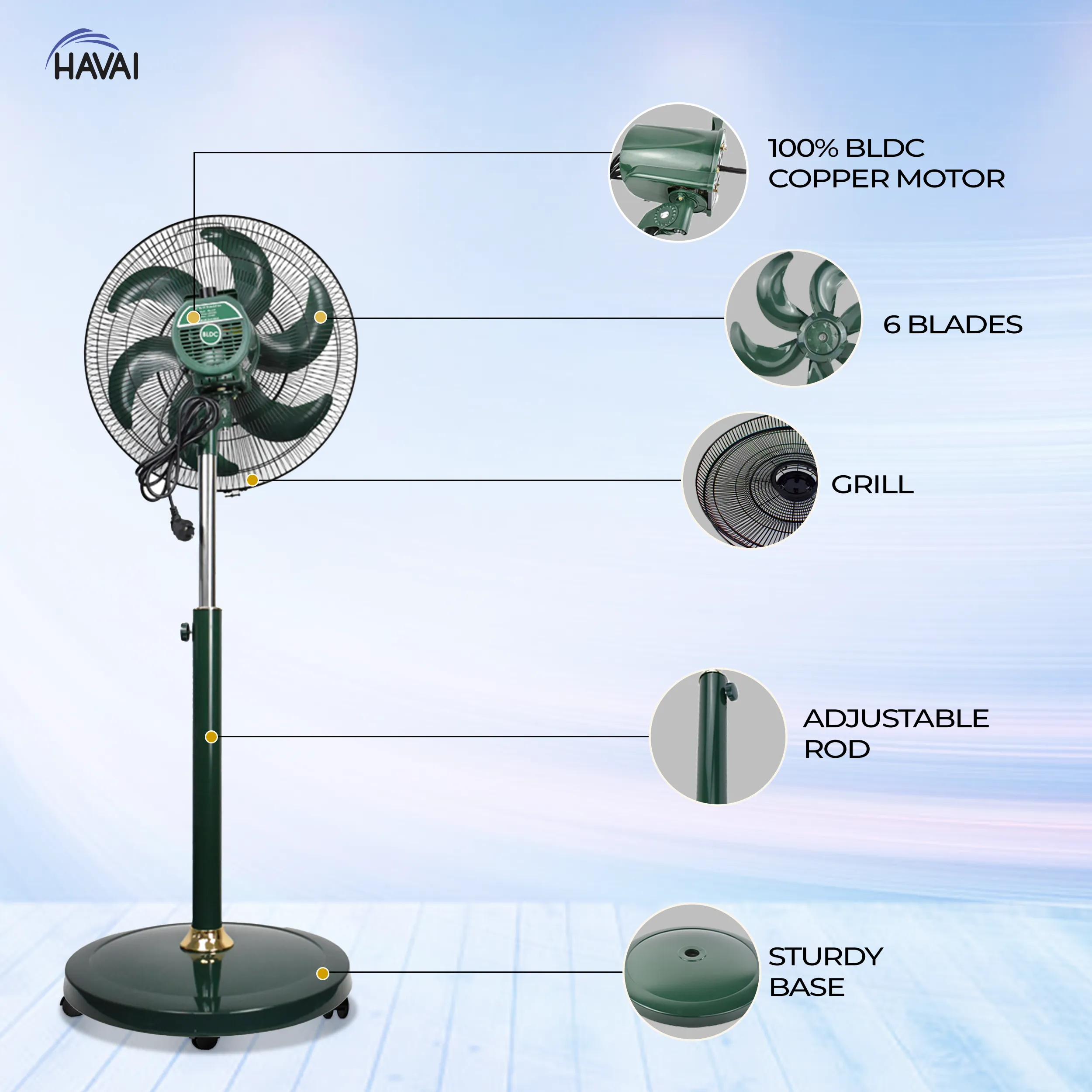 Havai BLDC 18" Pedestal Fan, Soundless, 50% Savings On Electricity, High Velocity,For Commercial And Residential Use, Assembly Included , Green - Without Remote