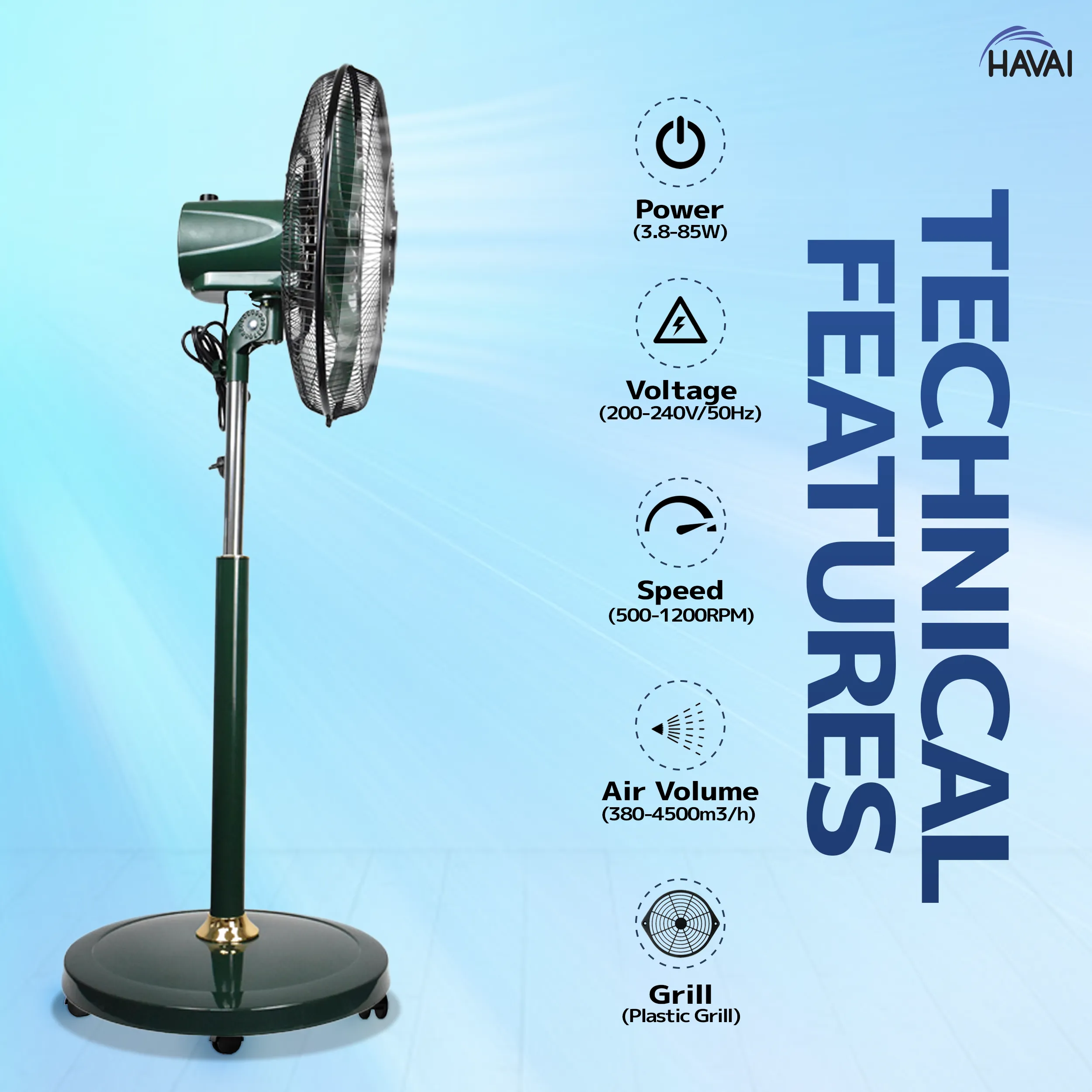 Havai BLDC 18" Pedestal Fan, Soundless, 50% Savings On Electricity, High Velocity,For Commercial And Residential Use, Assembly Included , Green - Without Remote