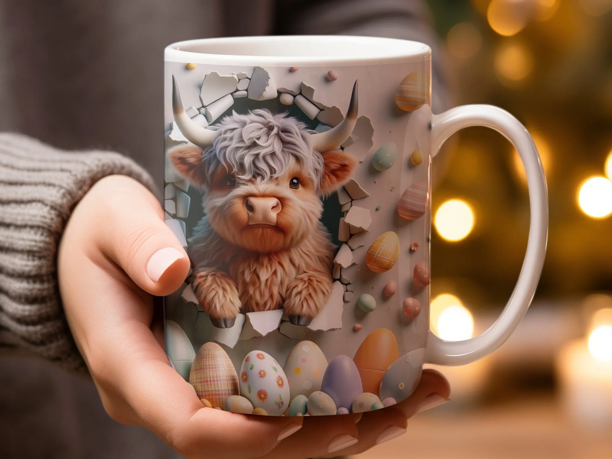 Highland Cow Mug, Easter Themed Coffee Cup, Cute Farm Animal, Spring Pastel Eggs, Breakfast Tea Mug, Unique Cow Lover Gift