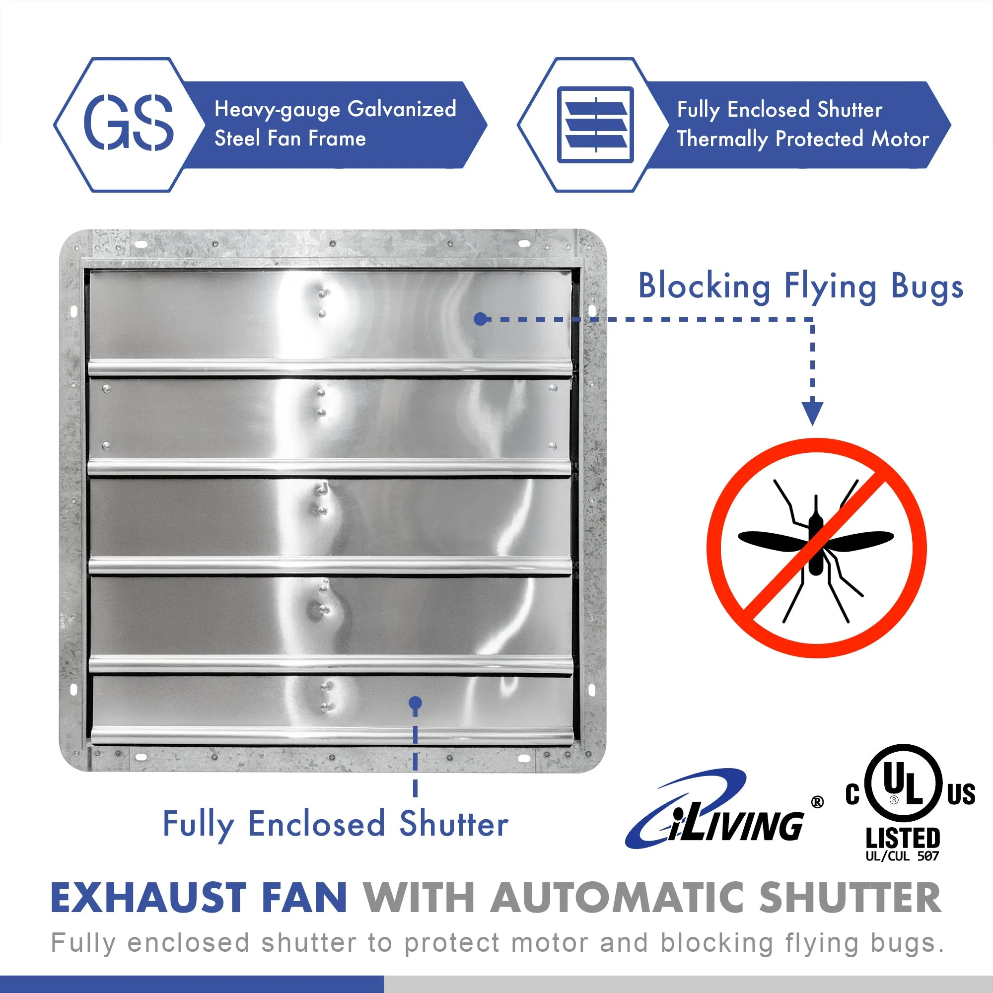 ILG8SF18V-ST - iLIVING 18" Wall Mounted Shutter Exhaust Fan, Automatic Shutter, with Thermostat and Variable Speed controller, 0.85A, 1736 CFM, 2600 SQF Coverage Area, Silver