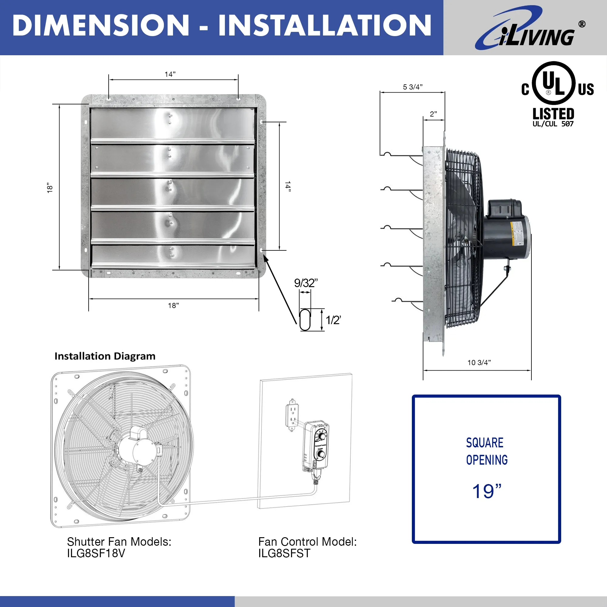 ILG8SF18V-ST - iLIVING 18" Wall Mounted Shutter Exhaust Fan, Automatic Shutter, with Thermostat and Variable Speed controller, 0.85A, 1736 CFM, 2600 SQF Coverage Area, Silver