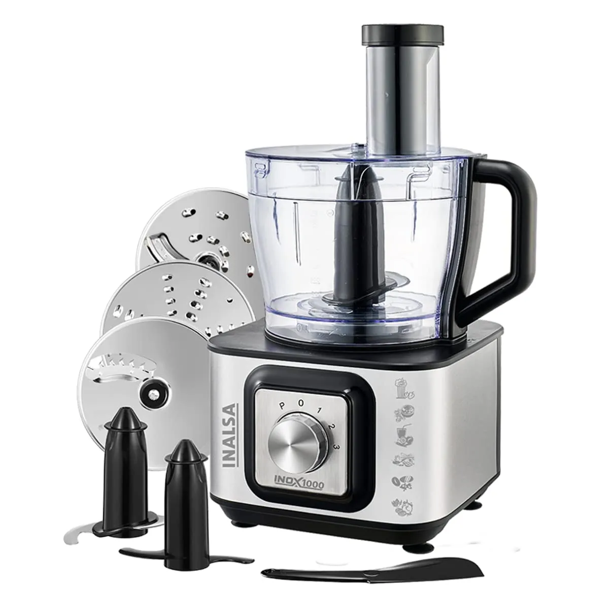 Inalsa INOX 1000 1000W Food Processor with Blender Jar,304 Grade SS Dry Grinding,Chutney Jar,12 Accessories,Centrifugal & Citrus Juicer,(Black/Silver)