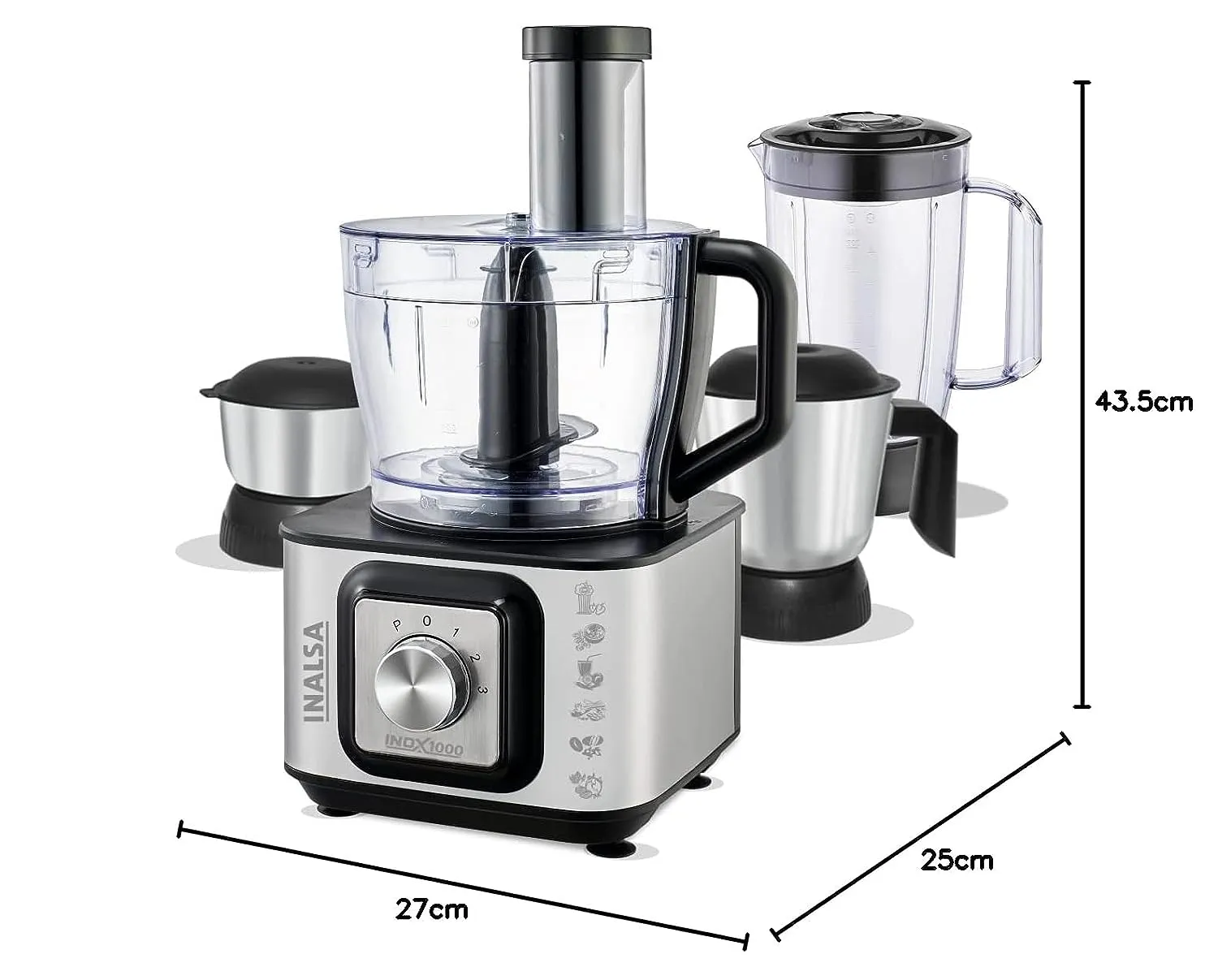 Inalsa INOX 1000 1000W Food Processor with Blender Jar,304 Grade SS Dry Grinding,Chutney Jar,12 Accessories,Centrifugal & Citrus Juicer,(Black/Silver)