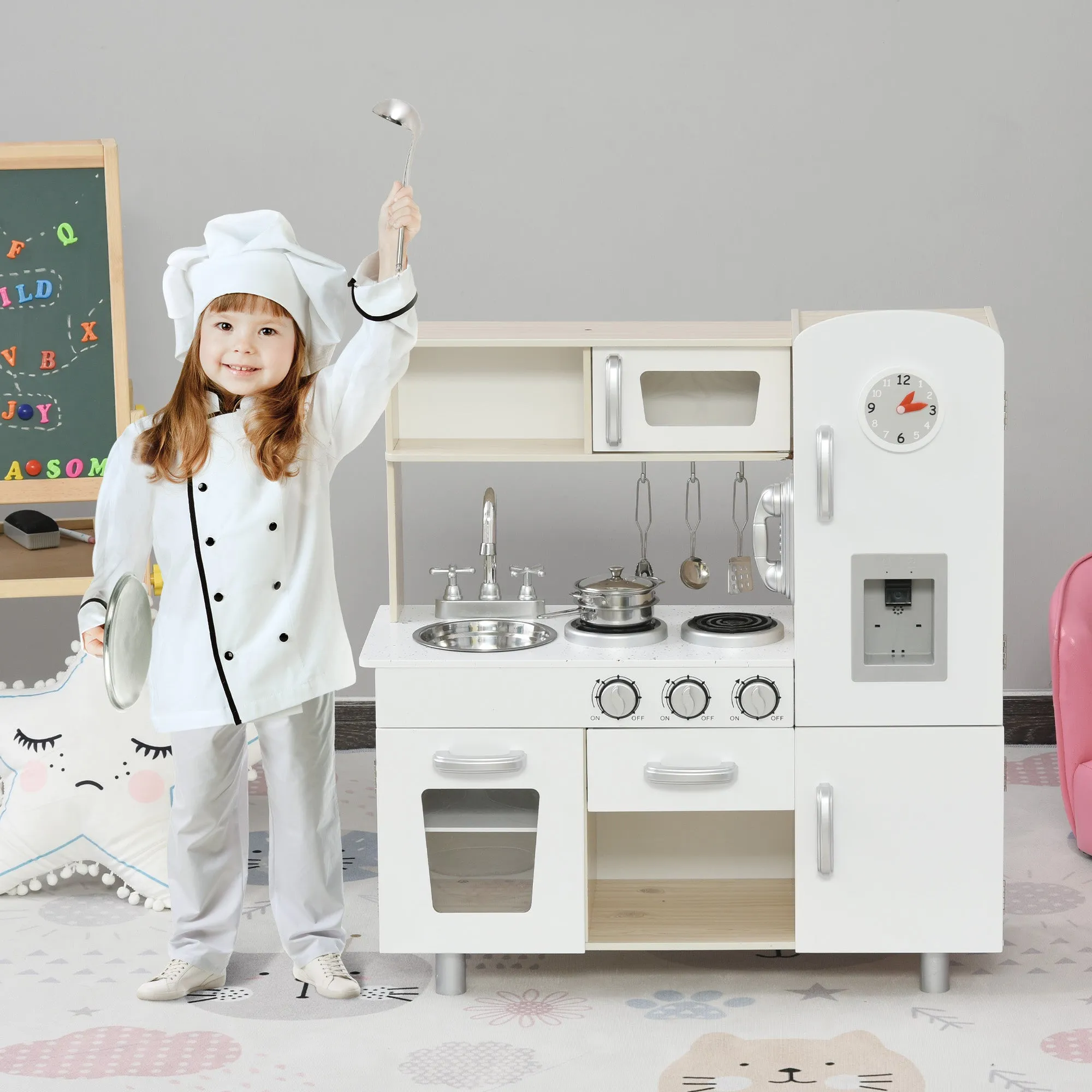 Kids Kitchen Playset Luxury Kitchen Accessories Set Pretend Cooking Set with Telephone Ice Machine, White