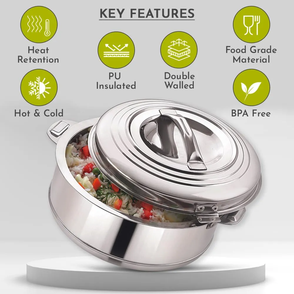 Magnus Rio Hot & Cold Double Walled Stainless Steel Casserole with Lid 3000 ML,Silver | PU Insulated | Hot & Cold | Hygiene | Odourless | Stylish Design | Versatile Use for storing Rice-Gravy-Roti