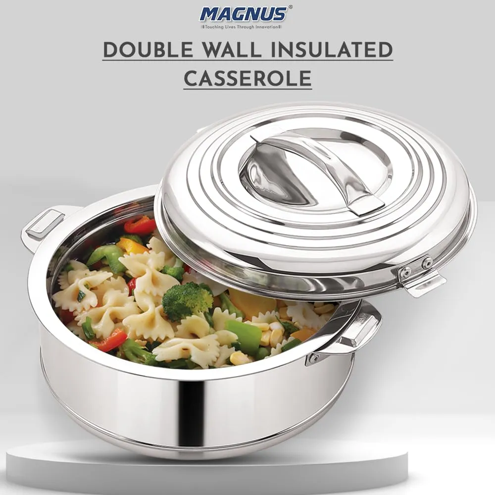 Magnus Rio Hot & Cold Double Walled Stainless Steel Casserole with Lid 3000 ML,Silver | PU Insulated | Hot & Cold | Hygiene | Odourless | Stylish Design | Versatile Use for storing Rice-Gravy-Roti