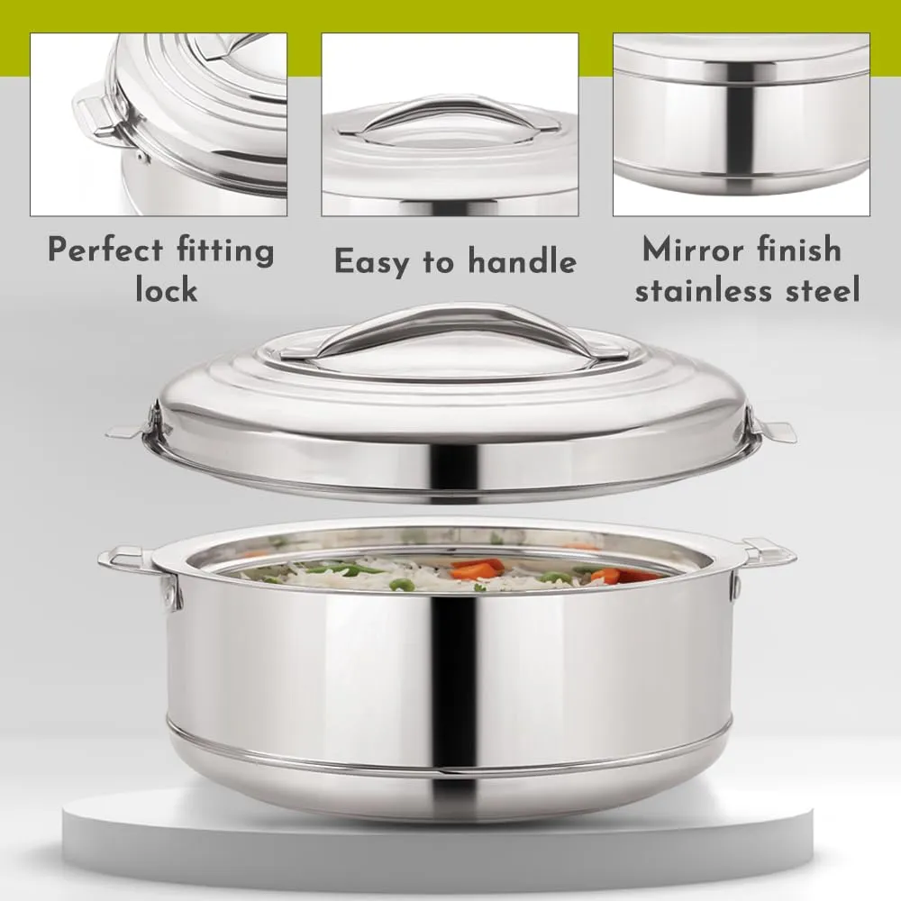 Magnus Rio Hot & Cold Double Walled Stainless Steel Casserole with Lid 3000 ML,Silver | PU Insulated | Hot & Cold | Hygiene | Odourless | Stylish Design | Versatile Use for storing Rice-Gravy-Roti