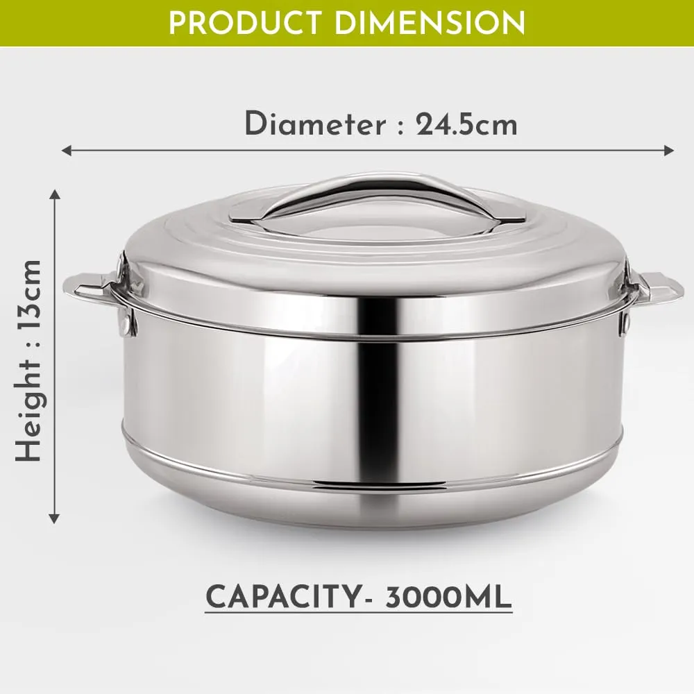 Magnus Rio Hot & Cold Double Walled Stainless Steel Casserole with Lid 3000 ML,Silver | PU Insulated | Hot & Cold | Hygiene | Odourless | Stylish Design | Versatile Use for storing Rice-Gravy-Roti