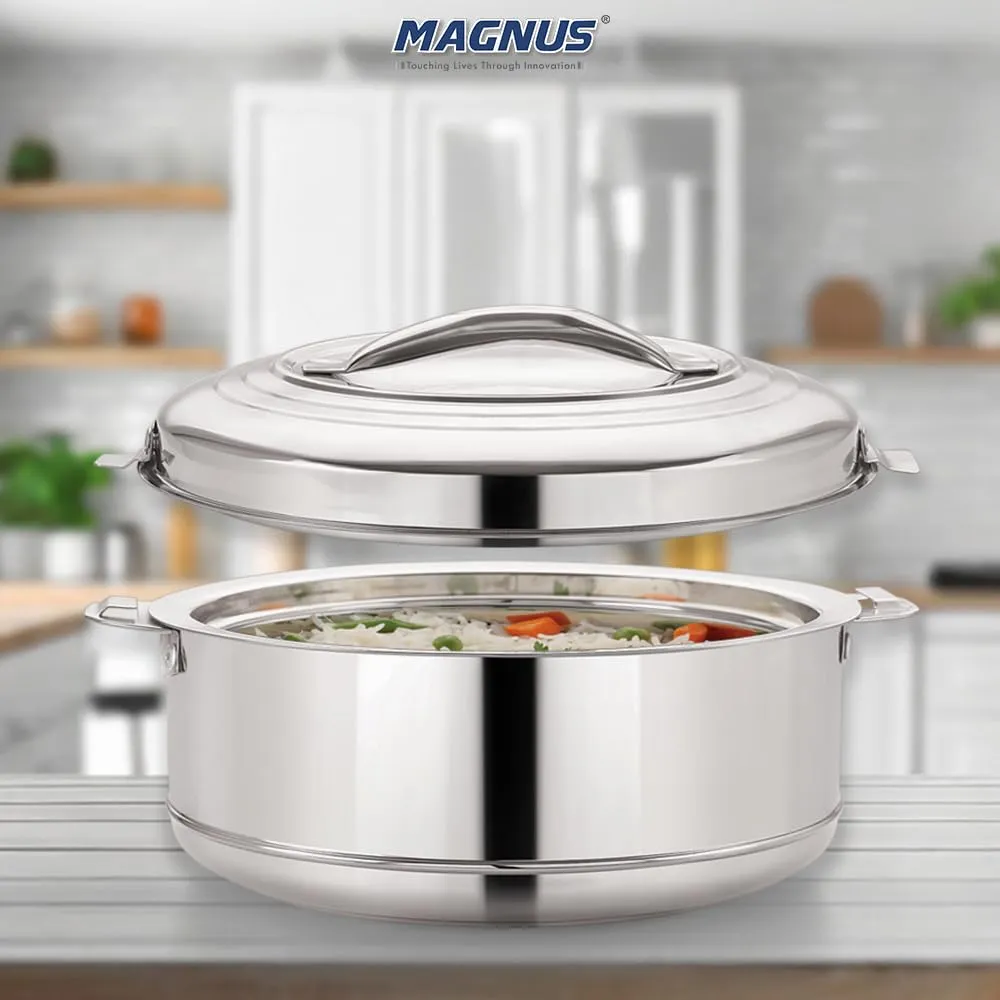 Magnus Rio Hot & Cold Double Walled Stainless Steel Casserole with Lid 3000 ML,Silver | PU Insulated | Hot & Cold | Hygiene | Odourless | Stylish Design | Versatile Use for storing Rice-Gravy-Roti