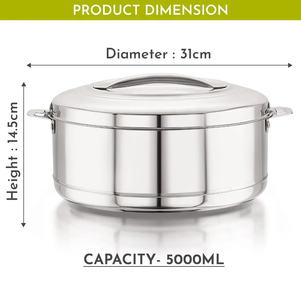 Magnus Rio Hot & Cold Double Walled Stainless Steel Casserole with Lid for 5000 ML, Silver | PU Insulated | Hot & Cold | Hygiene | Odourless | Stylish Design | Versatile Use for storing Rice-Gravy-Roti