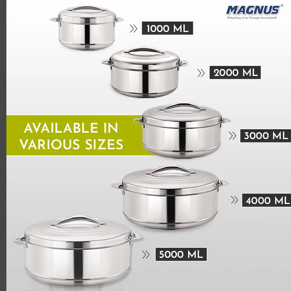 Magnus Rio Hot & Cold Double Walled Stainless Steel Casserole with Lid for 5000 ML, Silver | PU Insulated | Hot & Cold | Hygiene | Odourless | Stylish Design | Versatile Use for storing Rice-Gravy-Roti