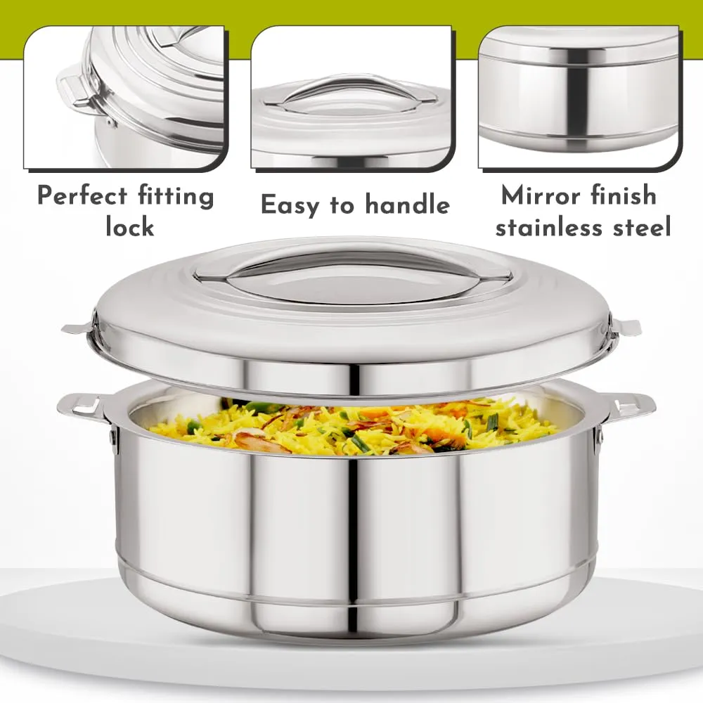 Magnus Rio Hot & Cold Double Walled Stainless Steel Casserole with Lid for 5000 ML, Silver | PU Insulated | Hot & Cold | Hygiene | Odourless | Stylish Design | Versatile Use for storing Rice-Gravy-Roti