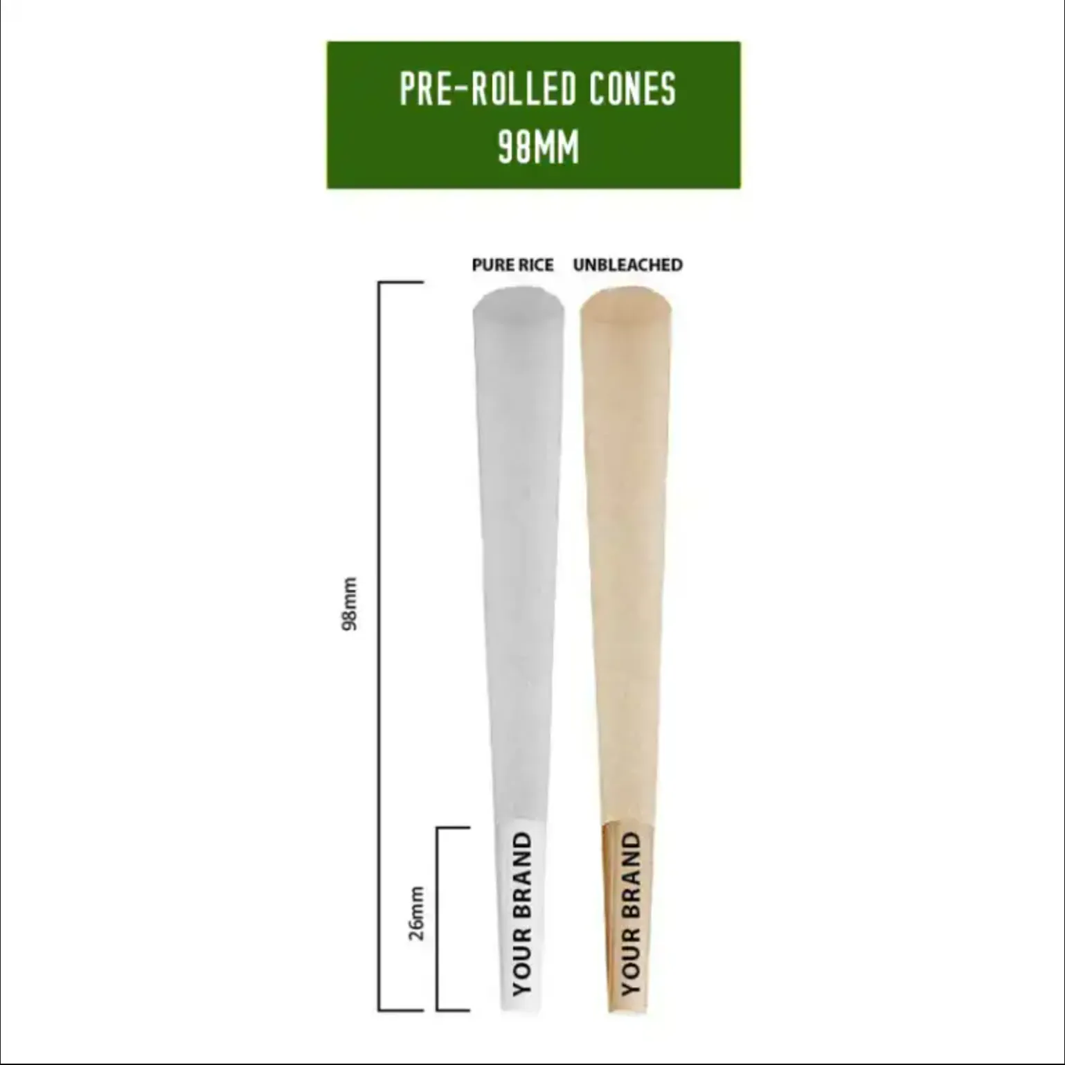 Maywaysky Classic King Size Pre-roll Cones 84mm/98mm/109mm Unbleached Rice Paper 1000pcs/box