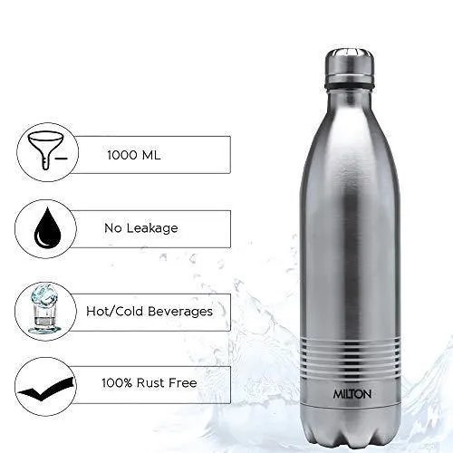 Milton Duo DLX 1000 Thermosteel 24 Hours Hot and Cold Water Bottle, 1 Litre, Silver