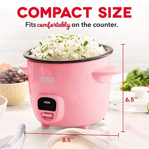 Mini Pink Rice Cooker Steamer with Removable Nonstick Pot, Keep Warm Function & Recipe Guide for Soups, Stews, Gains & Oatmeal