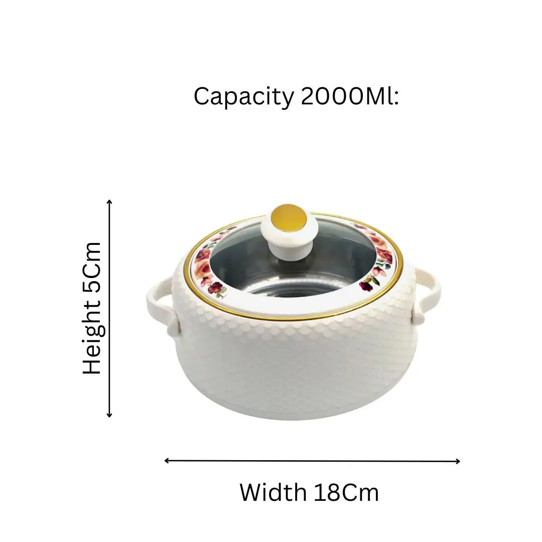 NAYASA Coral Casserole: White, 2000ml Capacity, Glass Lid