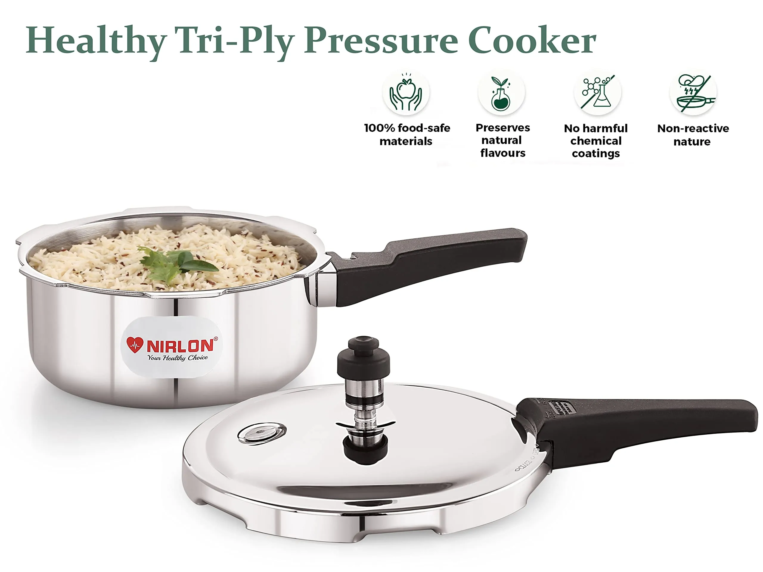 NIRLON Triply Stainless Steel Outer Lid Pressure Cooker/Compatible with Gas & Induction, 2 Litres