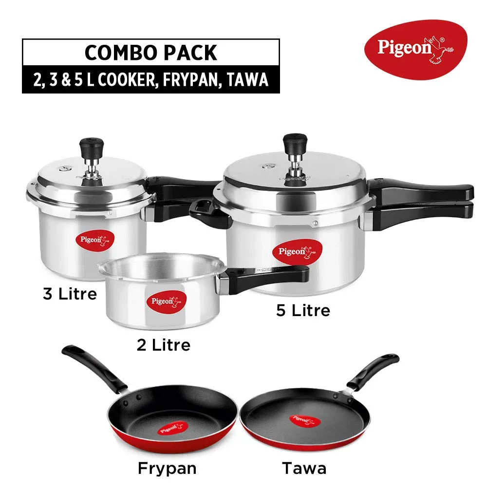 Pigeon by Stovekraft Aluminium Outer Lid Pressure Cooker Cooker 2,3 and 5 Litre with Flat Tawa and Fry Pan Combo, silver, large, 14465