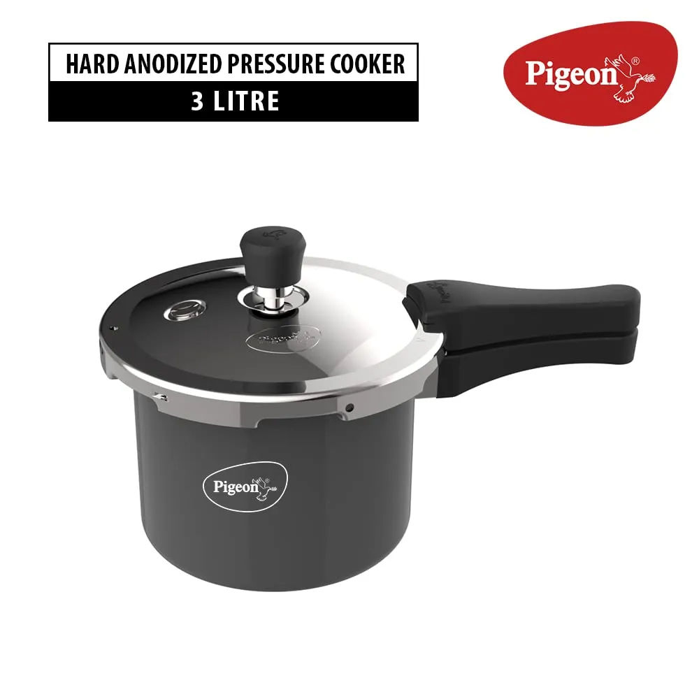 Pigeon By Stovekraft Hard Anodised Pressure Cooker with Outer Lid Induction and Gas Stove Compatible 3 Litre Capacity for Healthy Cooking (Black)