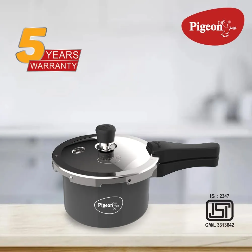 Pigeon By Stovekraft Hard Anodised Pressure Cooker with Outer Lid Induction and Gas Stove Compatible 3 Litre Capacity for Healthy Cooking (Black)