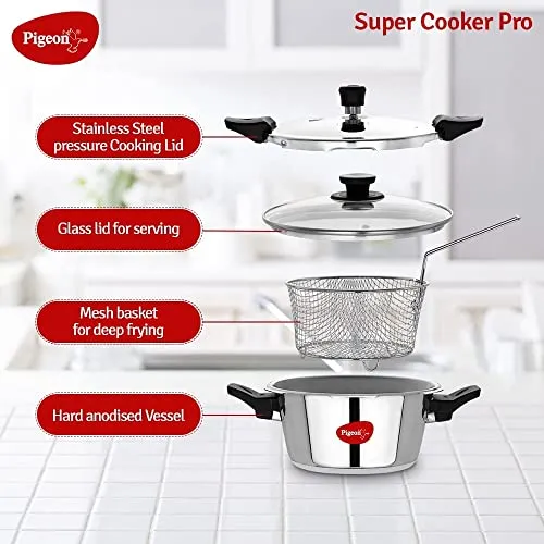 Pigeon Stainless Steel All in One Super Cooker Pro 3 litre with Pressure Cooker Outer Lid, Glass lid and Deep Frying Basket (14942)