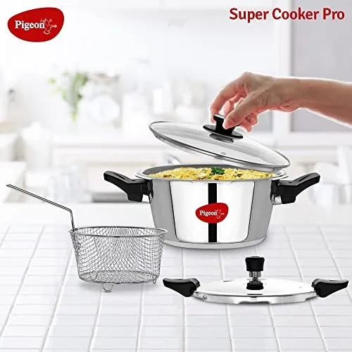 Pigeon Stainless Steel All in One Super Cooker Pro 3 litre with Pressure Cooker Outer Lid, Glass lid and Deep Frying Basket (14942)