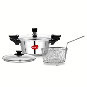 Pigeon Stainless Steel All in One Super Cooker Pro 3 litre with Pressure Cooker Outer Lid, Glass lid and Deep Frying Basket (14942)