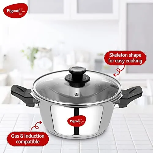 Pigeon Stainless Steel All in One Super Cooker Pro 3 litre with Pressure Cooker Outer Lid, Glass lid and Deep Frying Basket (14942)