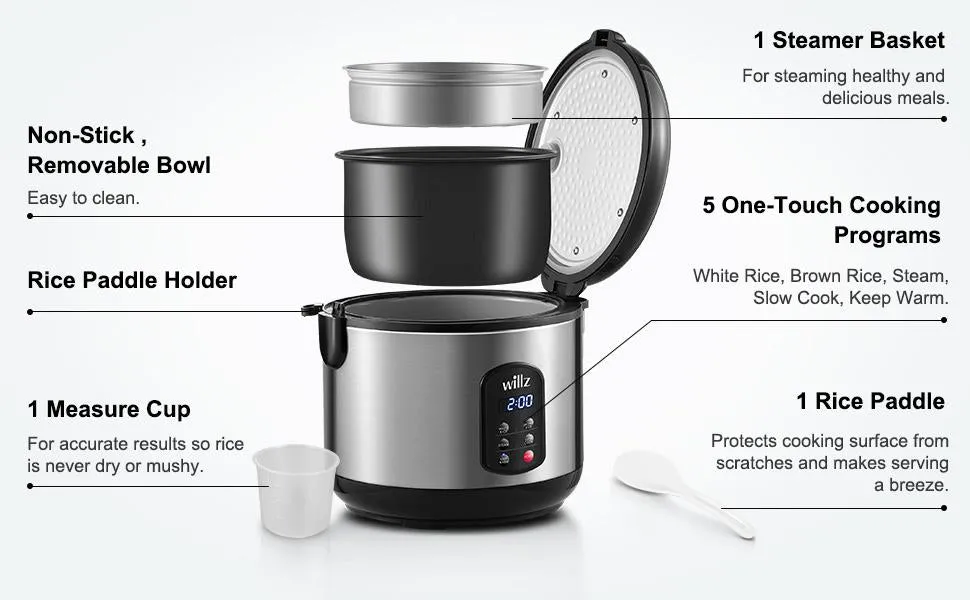 Rice Cooker 12 Cup Cooked/ 6 Cup Uncooked Preset Digital Non-Stick Multi-Function Slow Cooker, Rice Cooker & Food Steamer, Stainless Steel