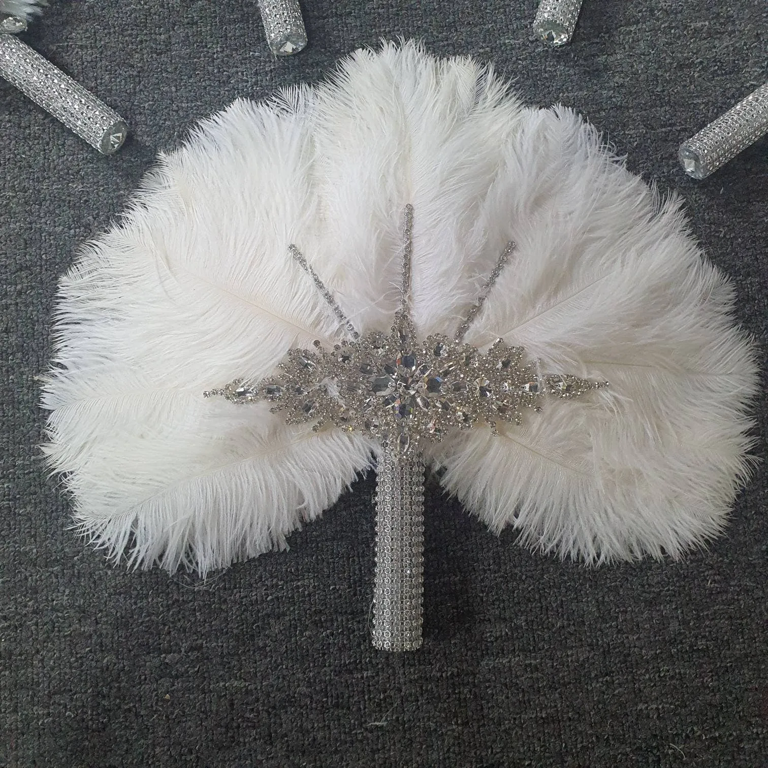 Set of 5 Feather Fan bouquets, Ostrich feathers,Great Gatsby wedding style 1920's - any colour as custom made by Crystal wedding uk