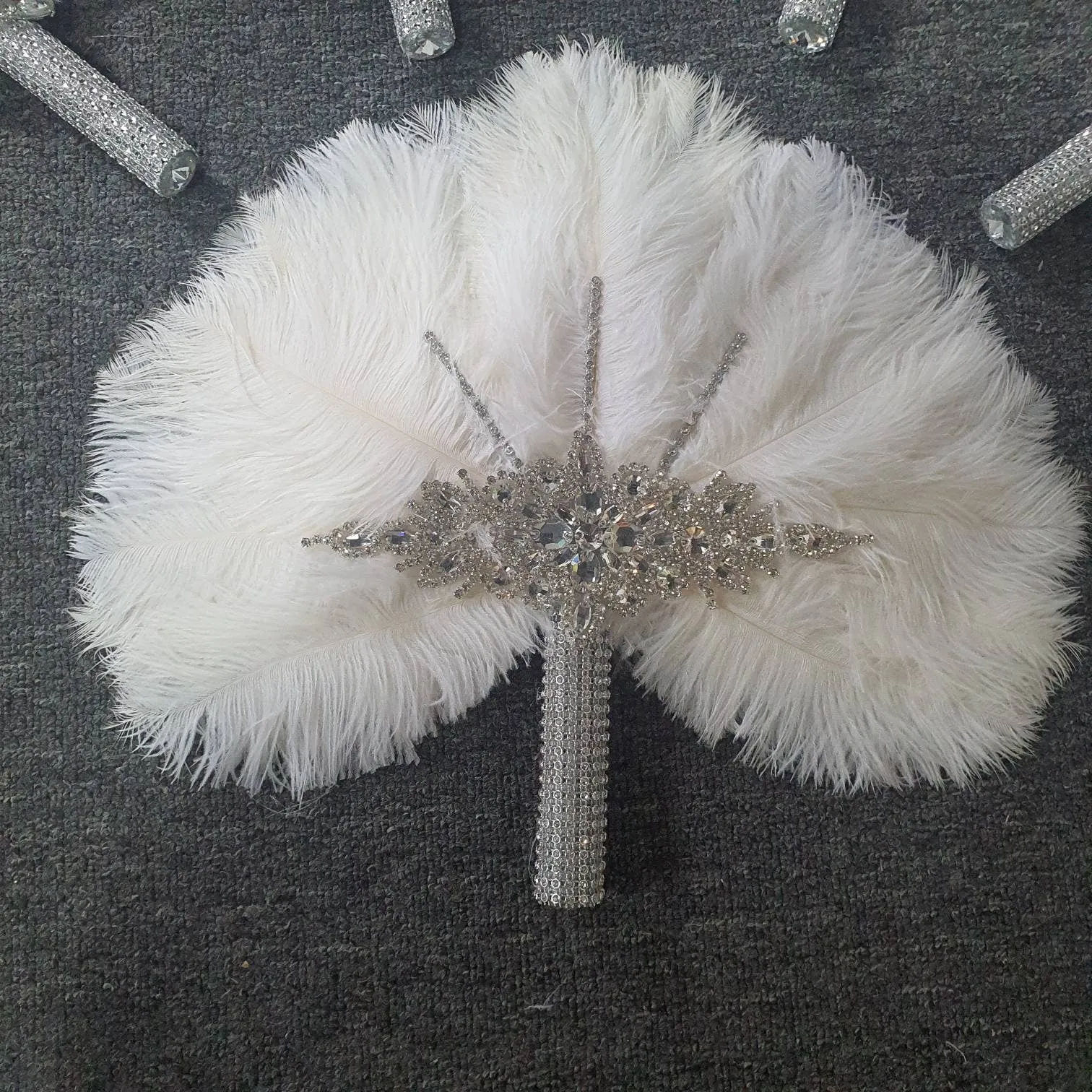 Set of 5 Feather Fan bouquets, Ostrich feathers,Great Gatsby wedding style 1920's - any colour as custom made by Crystal wedding uk