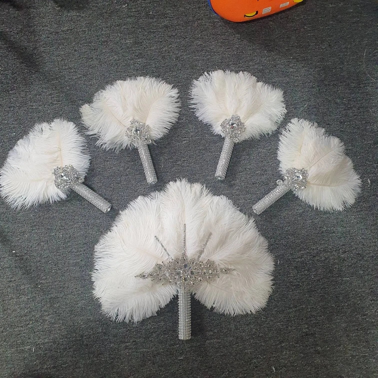 Set of 5 Feather Fan bouquets, Ostrich feathers,Great Gatsby wedding style 1920's - any colour as custom made by Crystal wedding uk