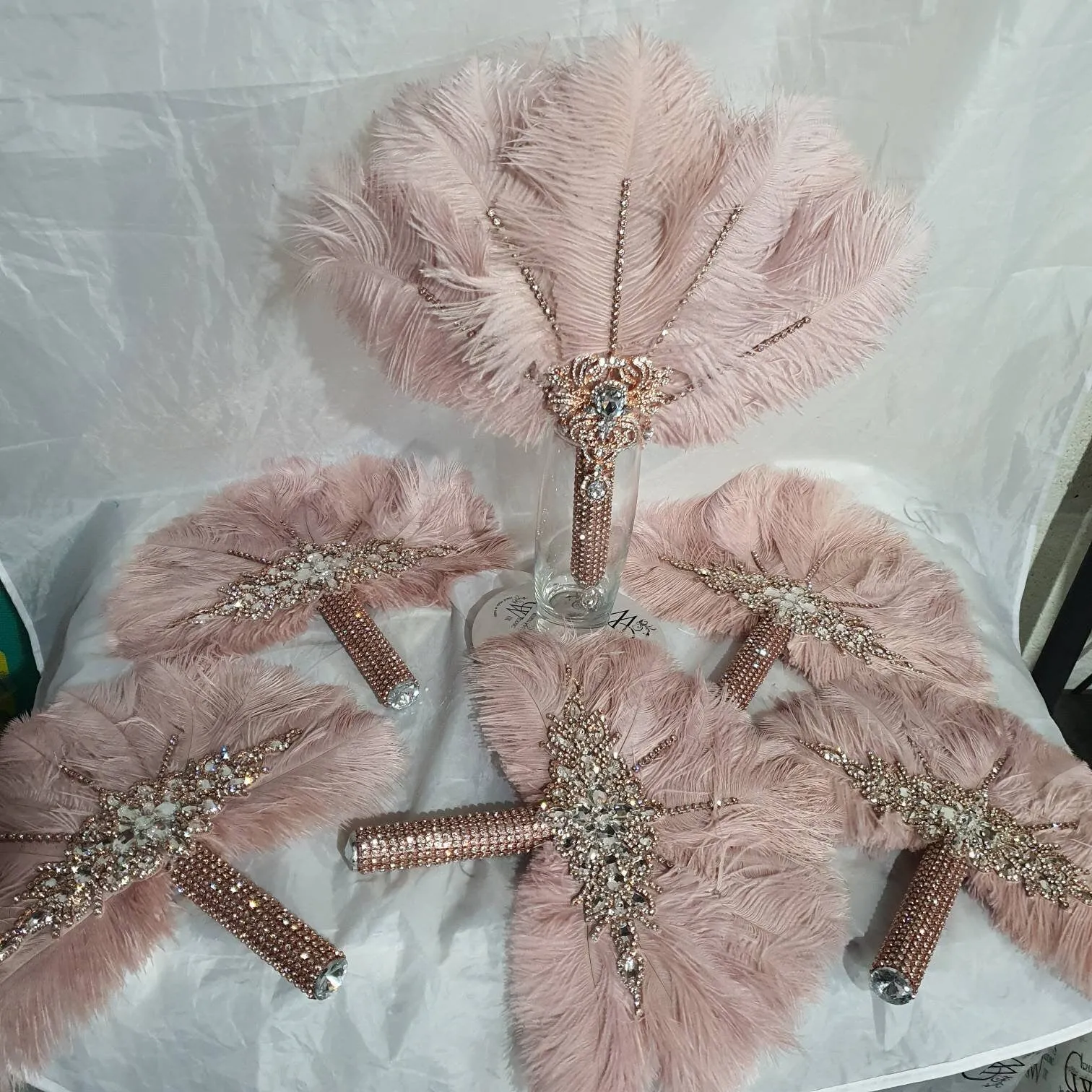 Set of  blush pink 6 Feather Fan bouquets, Ostrich feathers, wedding style 1920's - any colour as custom made by Crystal wedding uk