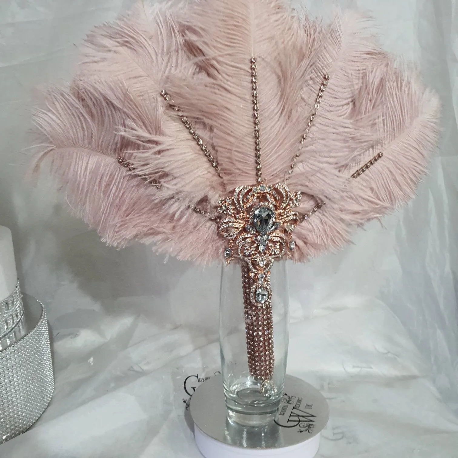 Set of  blush pink 6 Feather Fan bouquets, Ostrich feathers, wedding style 1920's - any colour as custom made by Crystal wedding uk