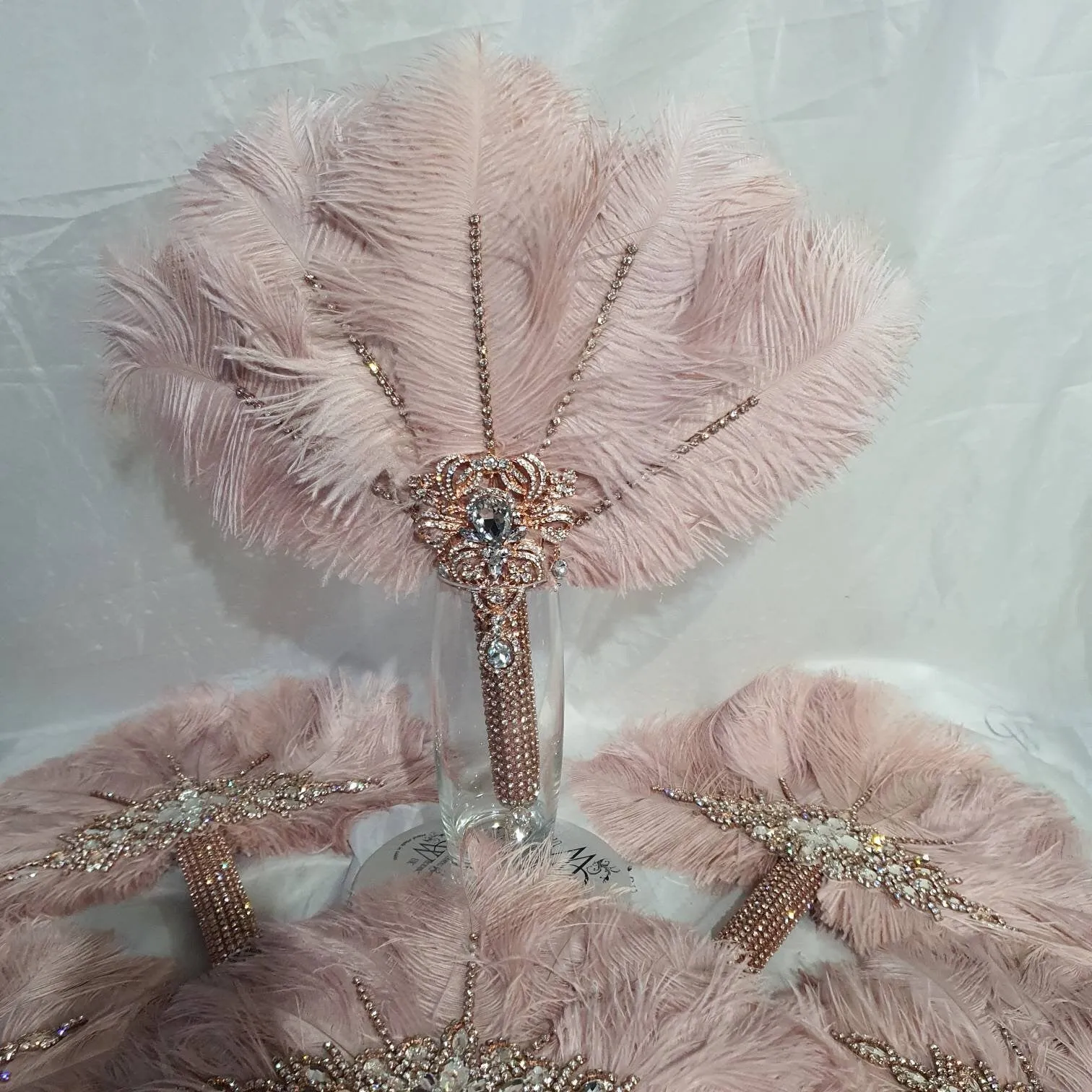 Set of  blush pink 6 Feather Fan bouquets, Ostrich feathers, wedding style 1920's - any colour as custom made by Crystal wedding uk