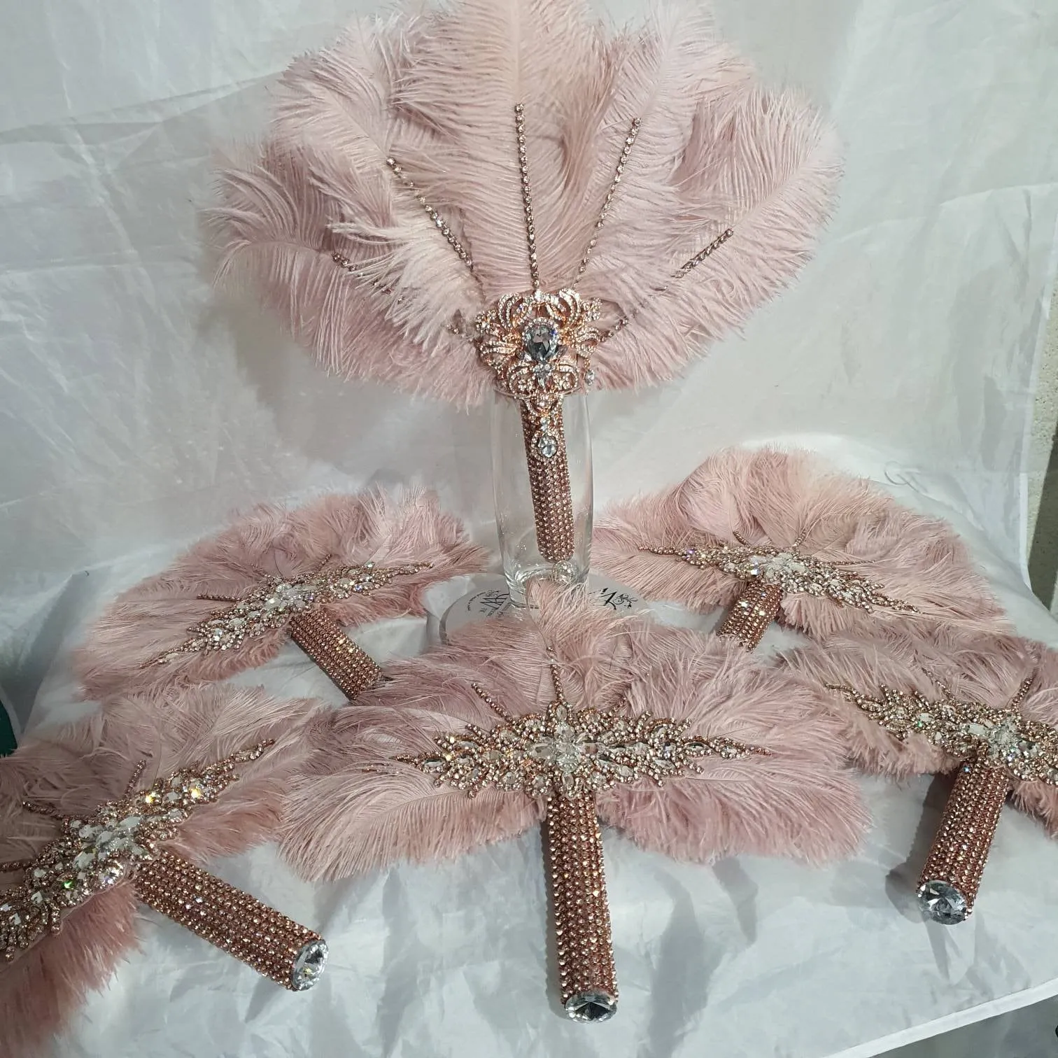 Set of  blush pink 6 Feather Fan bouquets, Ostrich feathers, wedding style 1920's - any colour as custom made by Crystal wedding uk