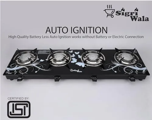 Sigri-wala Surya ISI Certified Toughened Glass Door Step Warranty Tornado Burners Glass Automatic Gas Stove (4 Burners)