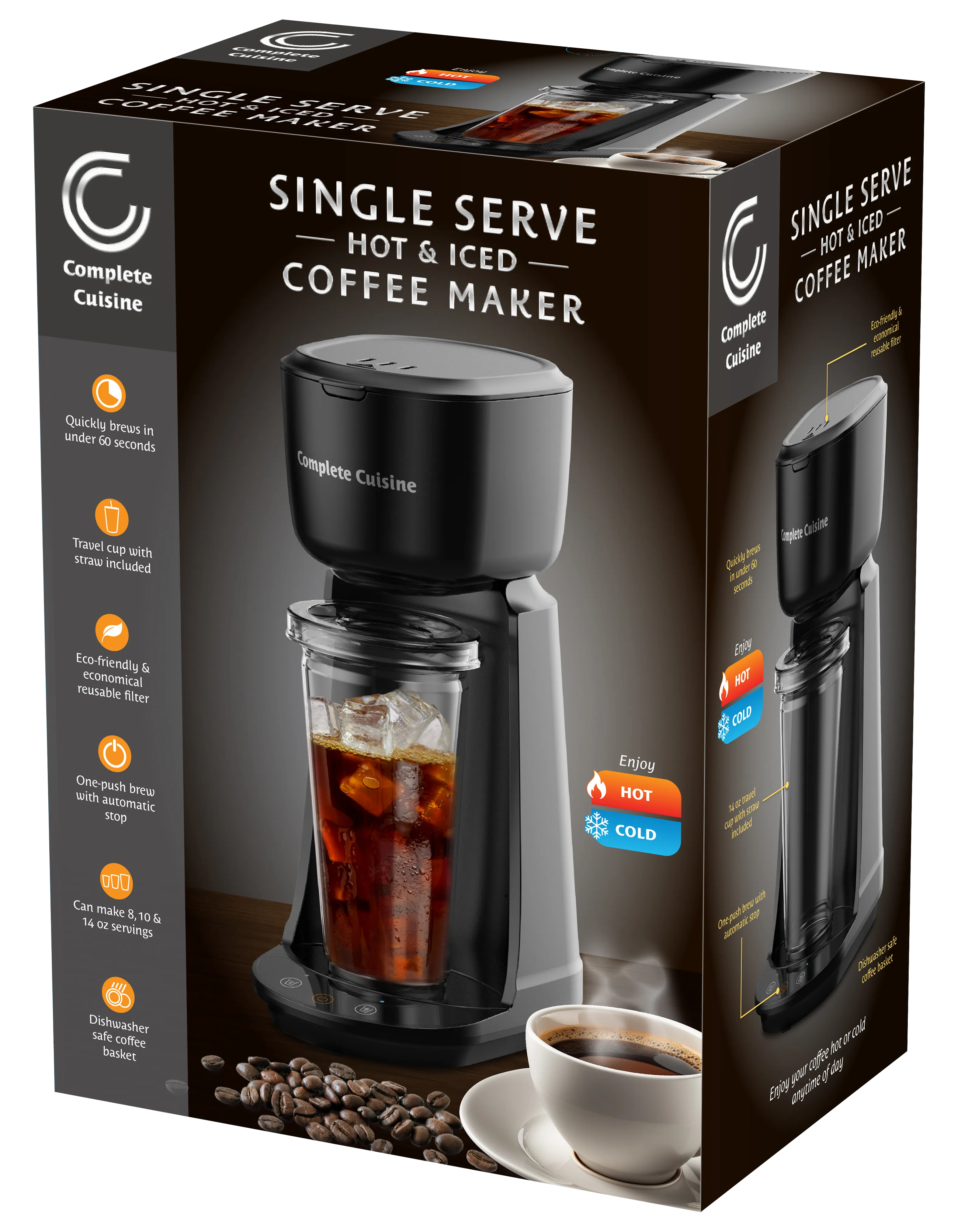 Single Serve Hot & Iced Coffee Maker with Travel cup and Straw Included